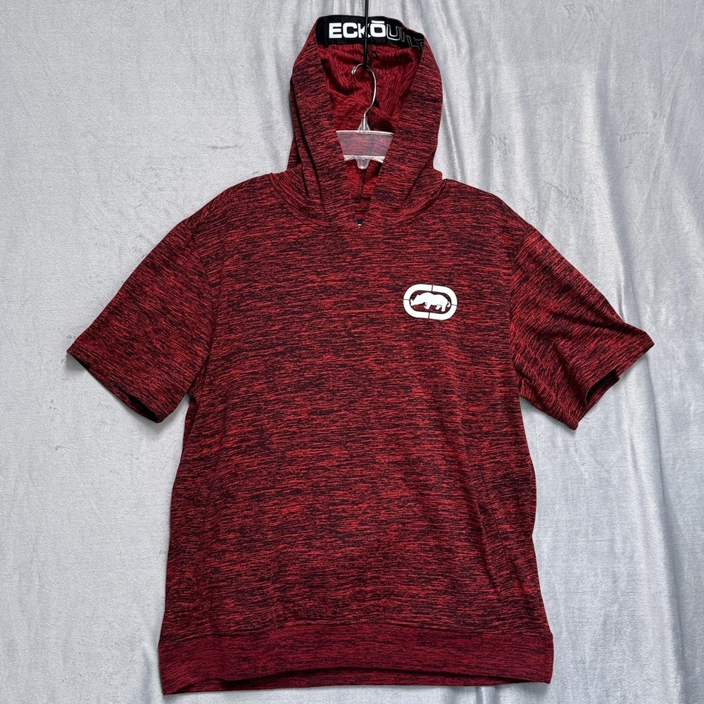 Ecko Unltd‎ Shirt Mens Large Red Black Short Sleeve Hoodie Athletic Spell Out